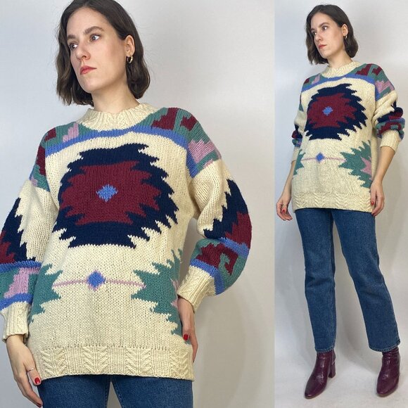 Vintage 1980s Handmade SOUTHWEST or Aztec Wool Sweater! Medium to Large - Picture 1 of 8